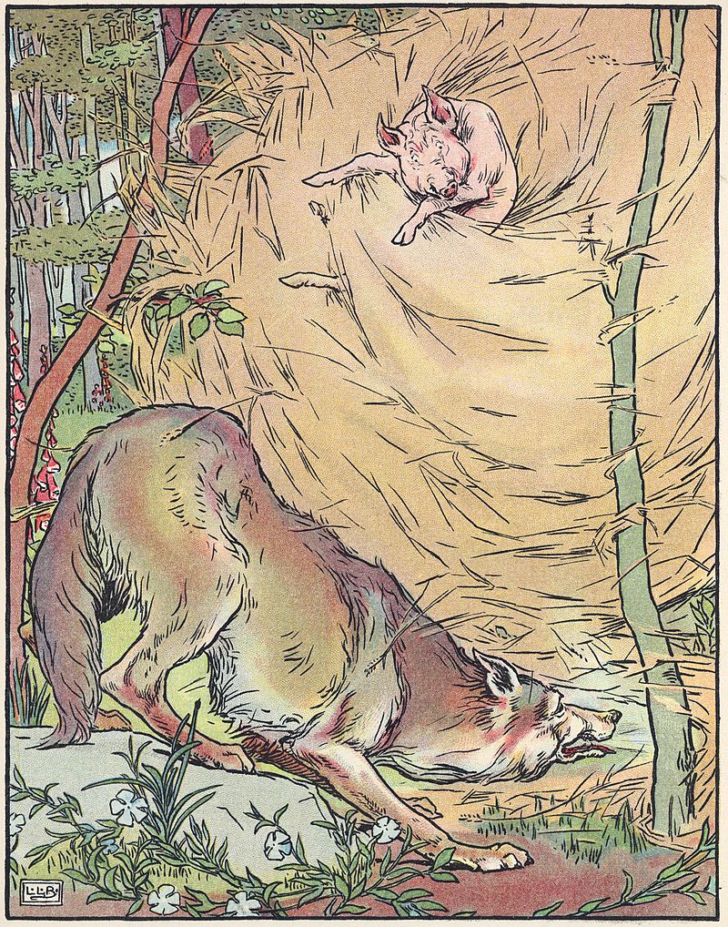 The wolf blows down the straw house in a 1904 adaptation of the fairy tale Three Little Pigs - Stories Preschool