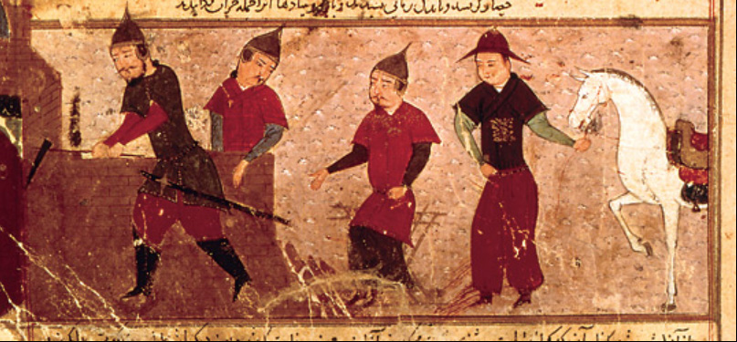 Genghis Khan and three of his four sons. Illustration from a 15th-century Jami' al-tawarikh manuscript