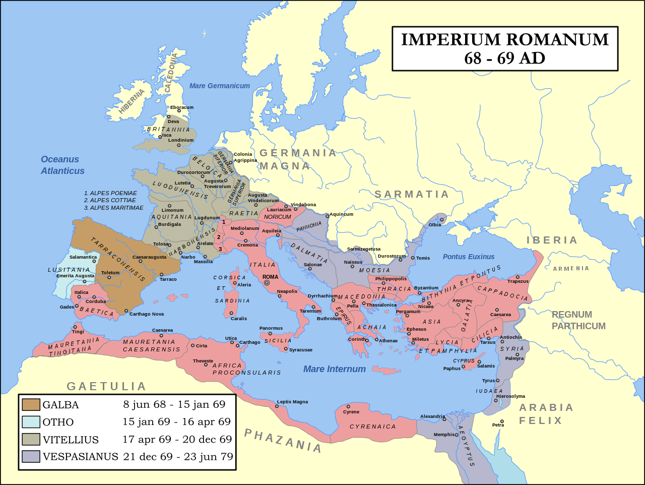 Map of the Roman Empire during 69AD, the Year of the Four Emperors. Coloured areas indicate provinces loyal to one of four warring generals