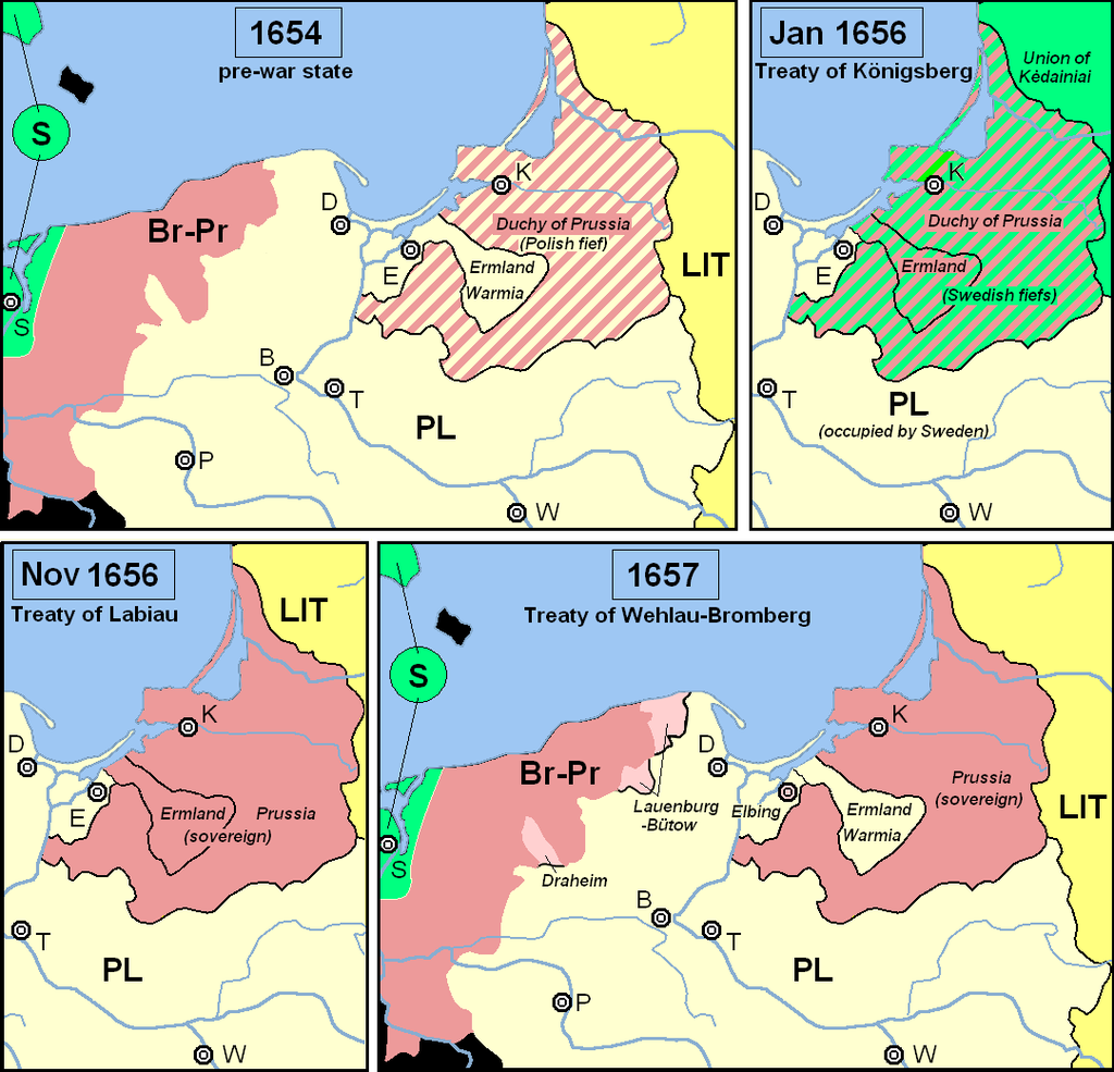 Territorial changes following the Treaty of Wehlau-Bromberg, compared to the pre-war situation (1654) and the treaties of Königsberg (January 1656) and Labiau (November 1656)