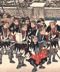 The rōnin, on their way back to Sengaku-ji, are halted in the street, and invited in for rest and refreshment.