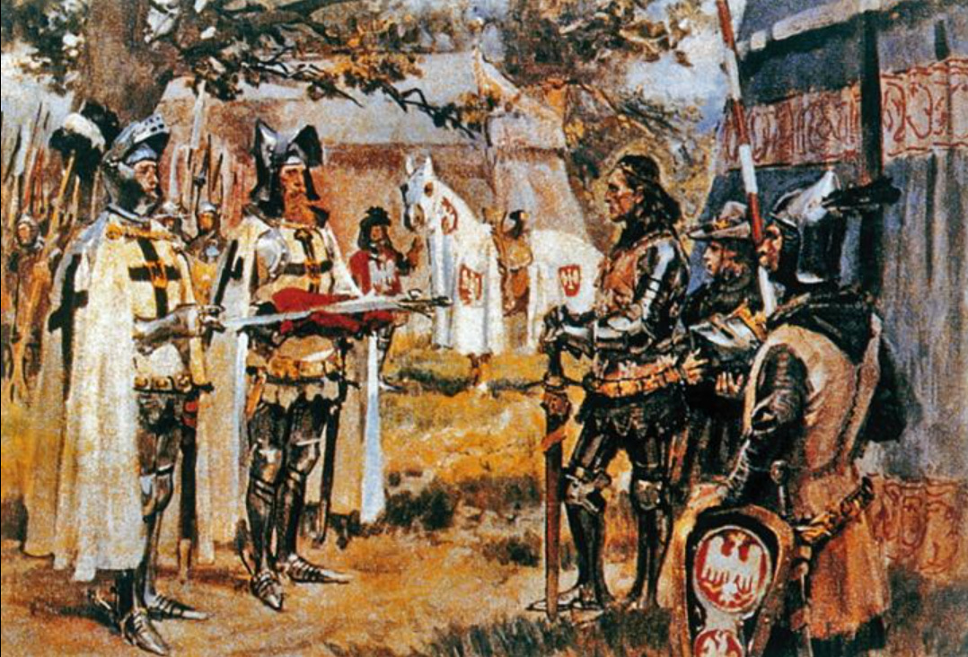 Teutonic Order presents Grunwald Swords as gift to King Władysław II Jagiełło (painting by Wojciech Kossak)