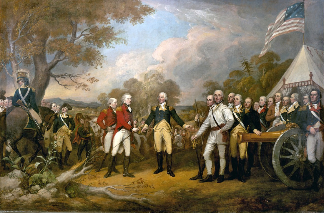 The scene of the surrender of the British General John Burgoyne at Saratoga, on October 17, 1777, was a turning point in the American Revolutionary War that prevented the British from dividing New England from the rest of the colonies. The central figure is the American General Horatio Gates, who refused to take the sword offered by General Burgoyne, and, treating him as a gentleman, invites him into his tent. All of the figures in the scene are portraits of specific officers. Trumbull planned this outdoor scene to contrast with the Declaration of Independence beside it. John Trumbull (1756–1843) was born in Connecticut, the son of the governor. After graduating from Harvard University, he served in the Continental Army under General Washington. He studied painting with Benjamin West in London and focused on history painting. Major figures in the painting (from left to right, beginning with mounted officer): American Captain Seymour of Connecticut (mounted) American Colonel Scammel of New Hampshire (in blue) British Major General William Phillips (British Army officer) (in red) British Lieutenant General John Burgoyne (in red) American Major General Horatio Gates (in blue) American Colonel Daniel Morgan (in white). The dimensions of this oil painting on canvas are 365.76 cm by 548.64 cm (144.00 in by 216.00 in).