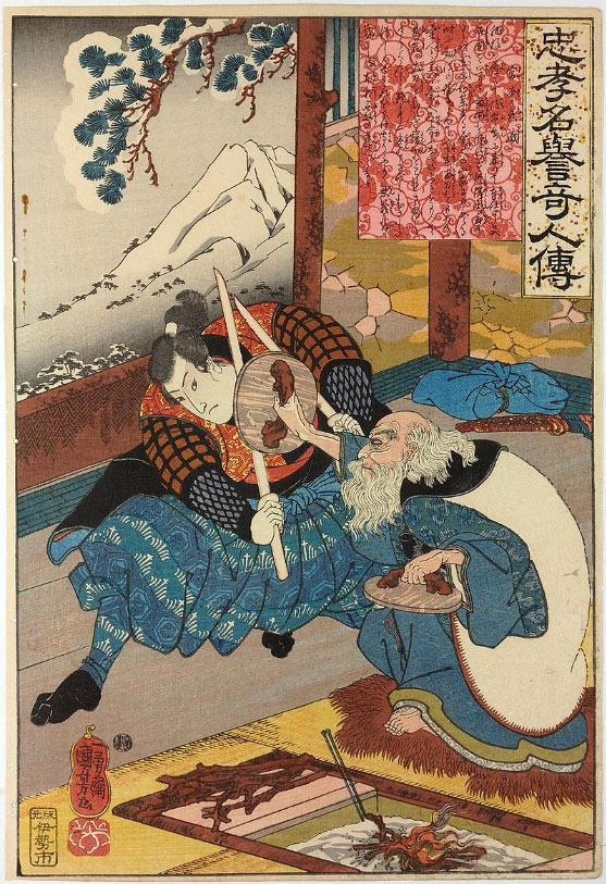 The swordsman Miyamoto Musashi, armed with two wooden swords, sparring with the old master Tsukahara Bokuden, who defends himself using two wooden pot-lids by Utagawa Kuniyoshi, c. 1845-46