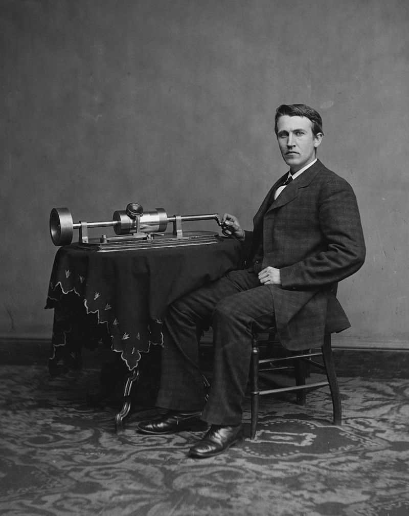 Photograph of Edison with his phonograph (2nd model), taken in Mathew Brady's Washington, DC studio in April 1878